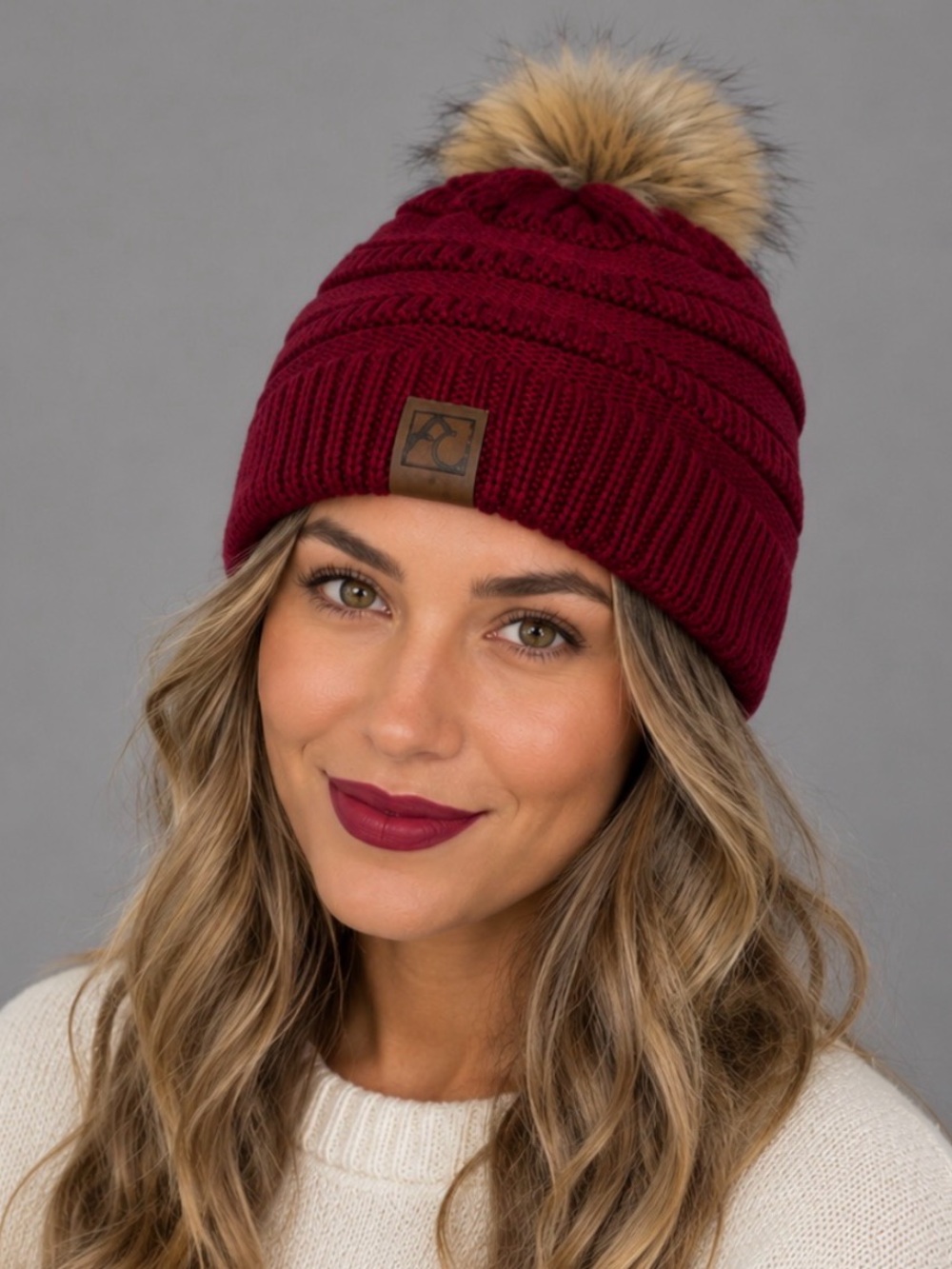 (NWOT) FC • Burgundy Ribbed Knit Beanie with Faux Fur Pom Pom
